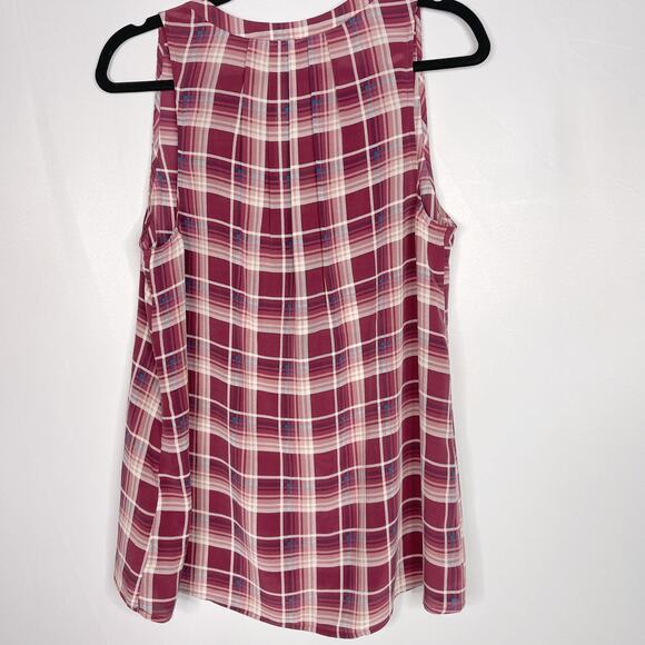 Joie Medium M Aruna Silk Plaid Sleeveless Blouse Top V Neck Red Pink Womens - Picture 2 of 12